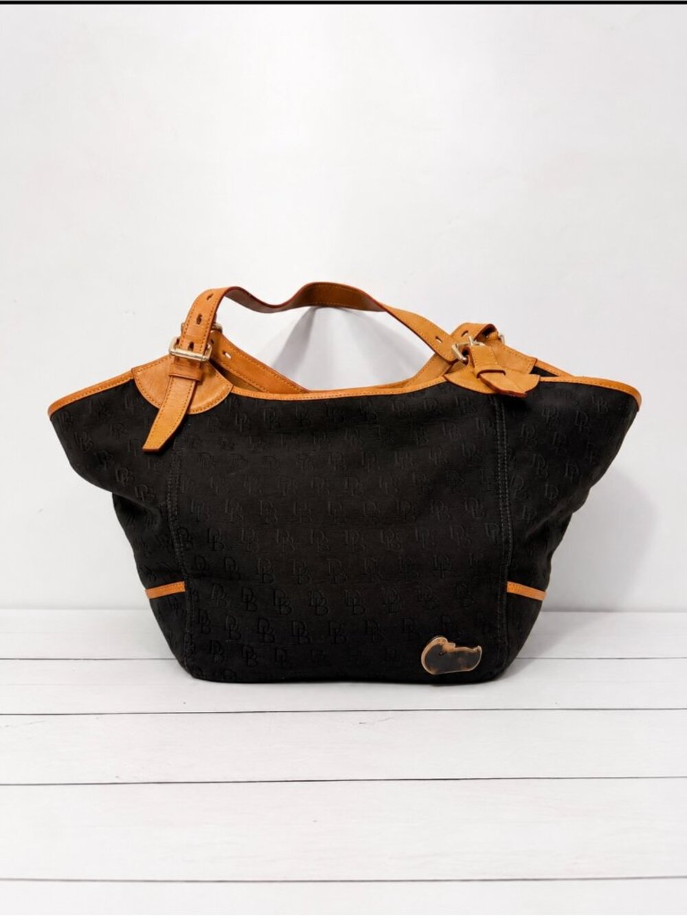 Dooney & Bourke Large Black DB Monogram Jacquard Tote Shoulder Bag Tan Leather